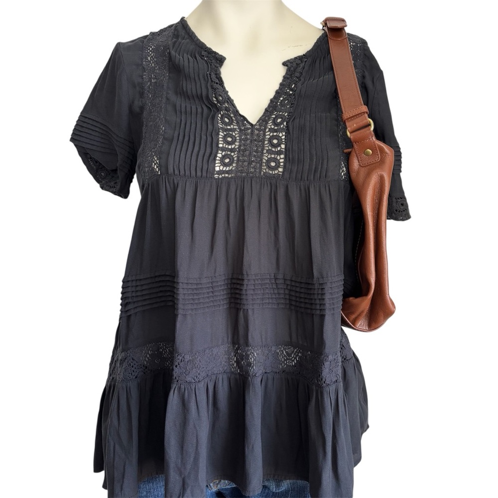 Anthropologie Maeve black tiered lace tunic top